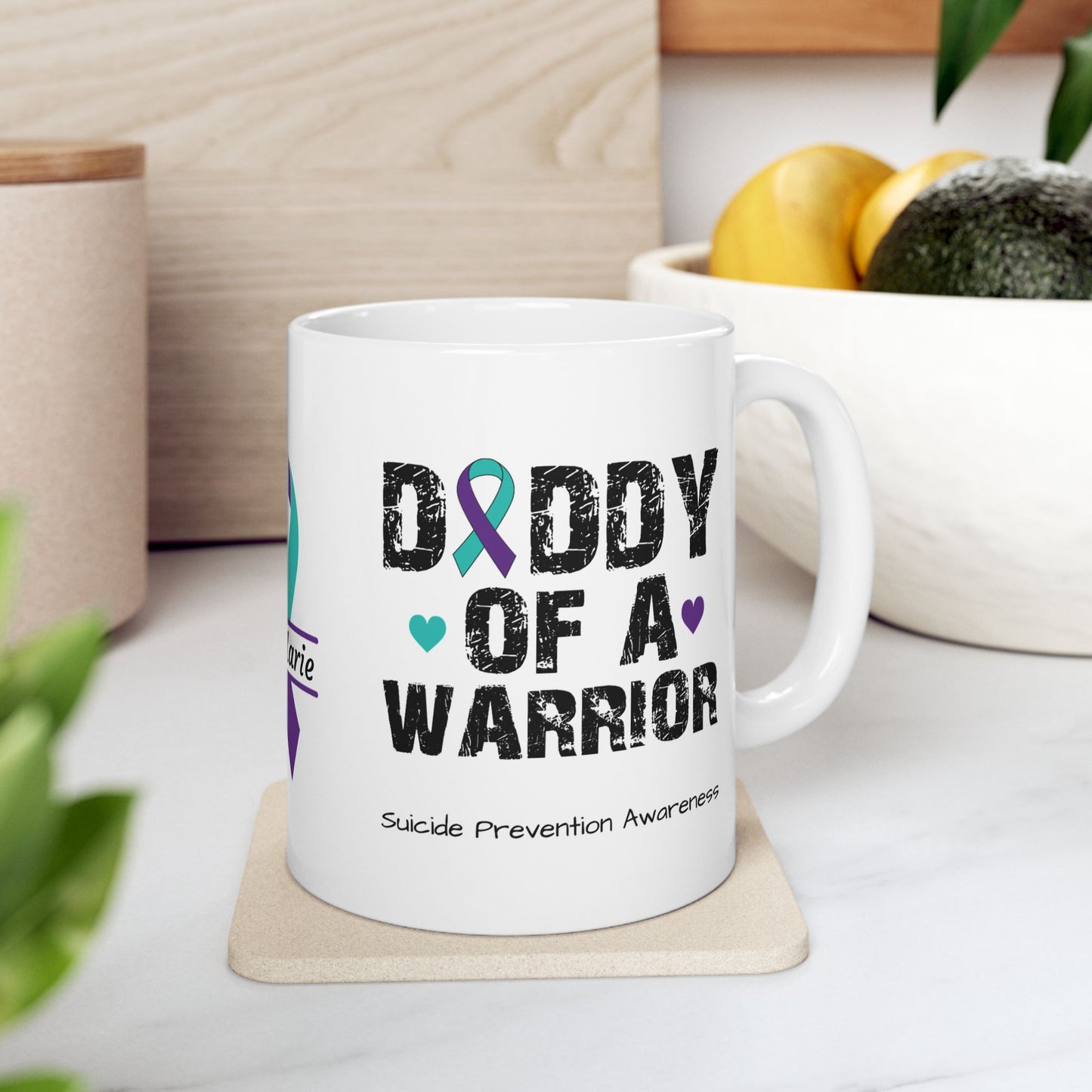 Daddy of a Warrior - Personalized Suicide Prevention Awareness Gift, Empowerment and Resilience Ceramic Mug, Support for Survivors