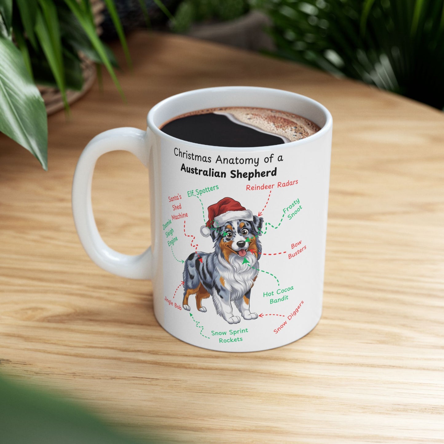 Australian Shepherd (Blue Merle) Personalized Christmas Dog Anatomy Mug, Funny Holiday Gift for Dog Lovers, Festive Dog Breed Coffee Cup