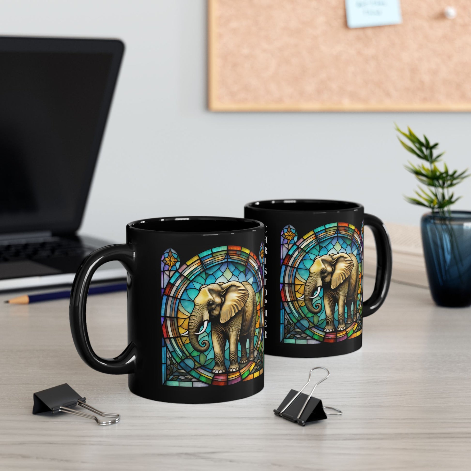 Elephant Bear Personalized Mug, Stained Glass Zoo Animal Design, Unique Ceramic Gift for Wildlife Lovers, Coffee, Tea, & Hot Chocolate Cup