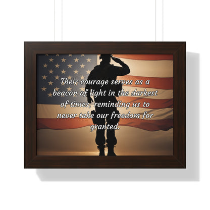 Their courage serves as a beacon of light in the darkest of times, reminding us to never take our freedom for granted - Memorial Day Framed Horizontal Poster