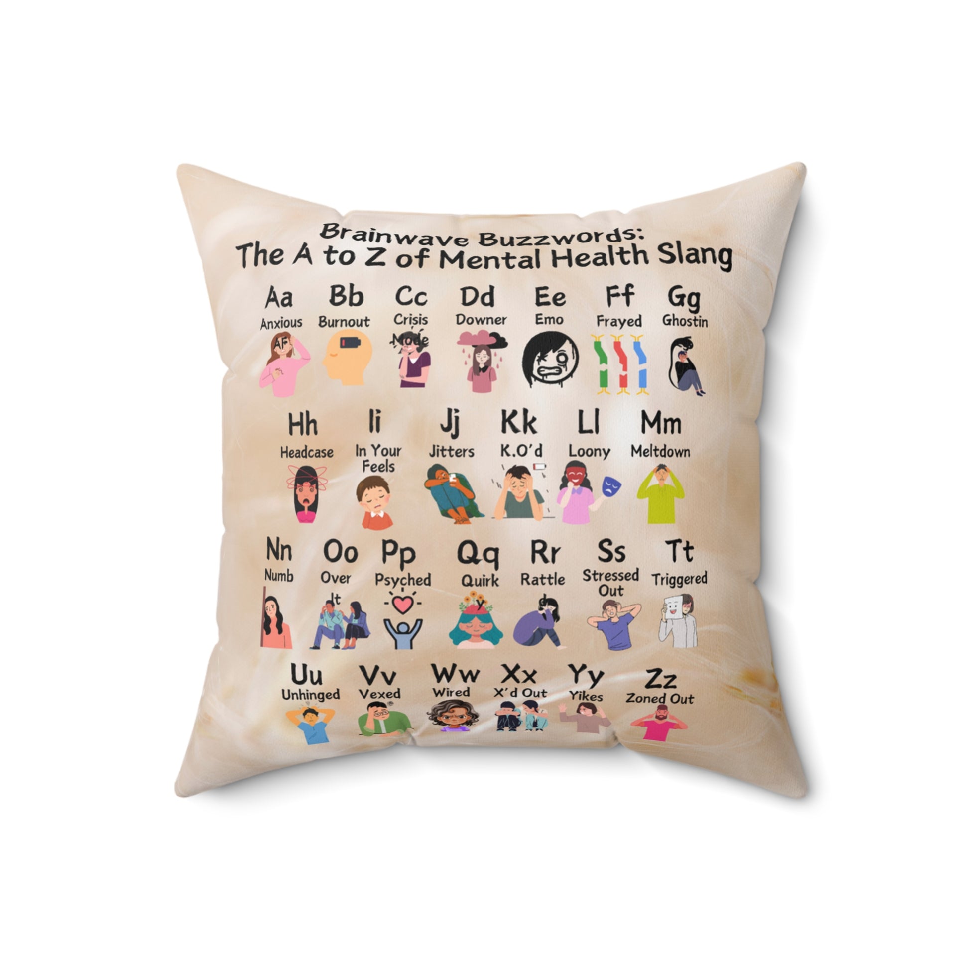 Brainwave Buzzwords: The A to Z of Mental Health Slang Spun Polyester Square Pillow