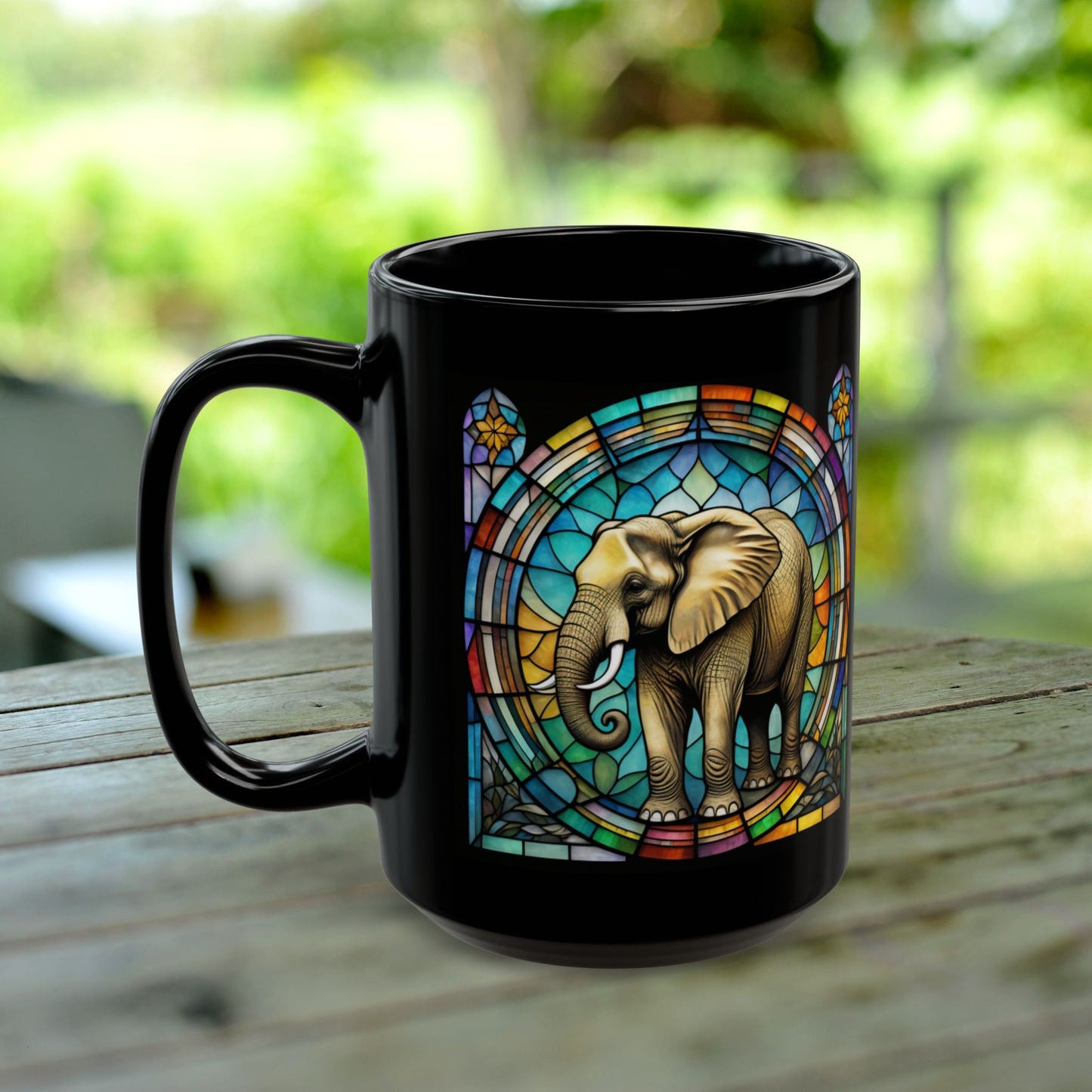 Elephant Bear Personalized Mug, Stained Glass Zoo Animal Design, Unique Ceramic Gift for Wildlife Lovers, Coffee, Tea, & Hot Chocolate Cup