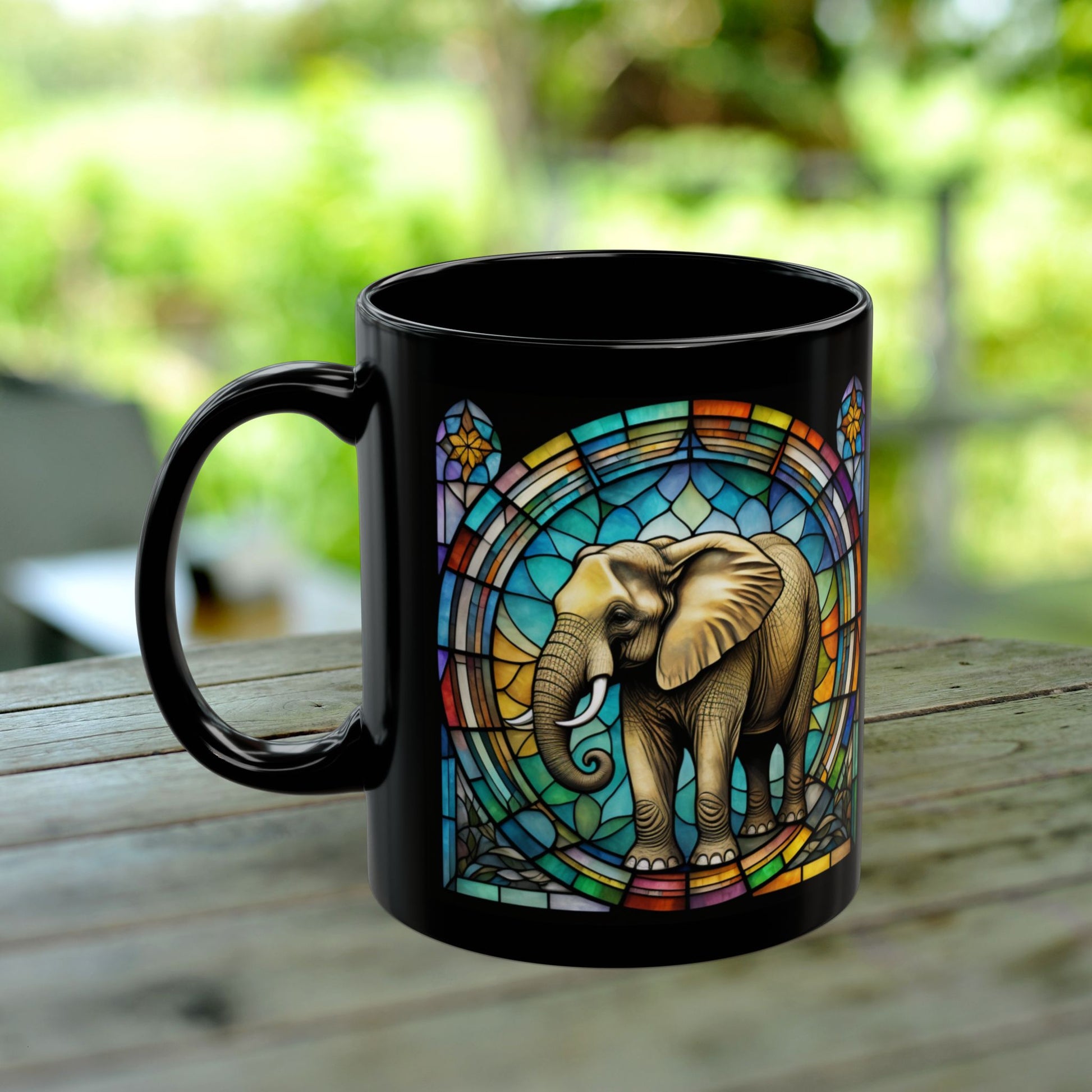 Elephant Bear Personalized Mug, Stained Glass Zoo Animal Design, Unique Ceramic Gift for Wildlife Lovers, Coffee, Tea, & Hot Chocolate Cup