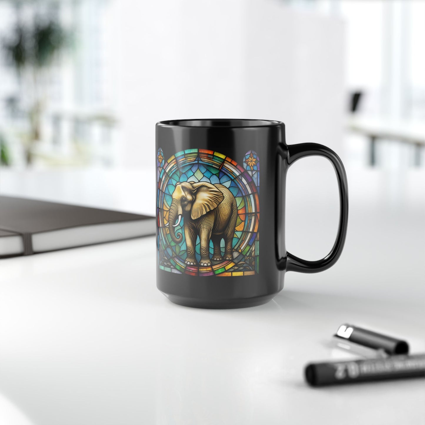 Elephant Bear Personalized Mug, Stained Glass Zoo Animal Design, Unique Ceramic Gift for Wildlife Lovers, Coffee, Tea, & Hot Chocolate Cup