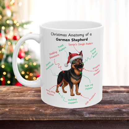 German Shepherd (Black & Rust) Personalized Christmas Dog Anatomy Mug, Funny Holiday Gift for Dog Lovers, Festive Dog Breed Coffee Cup