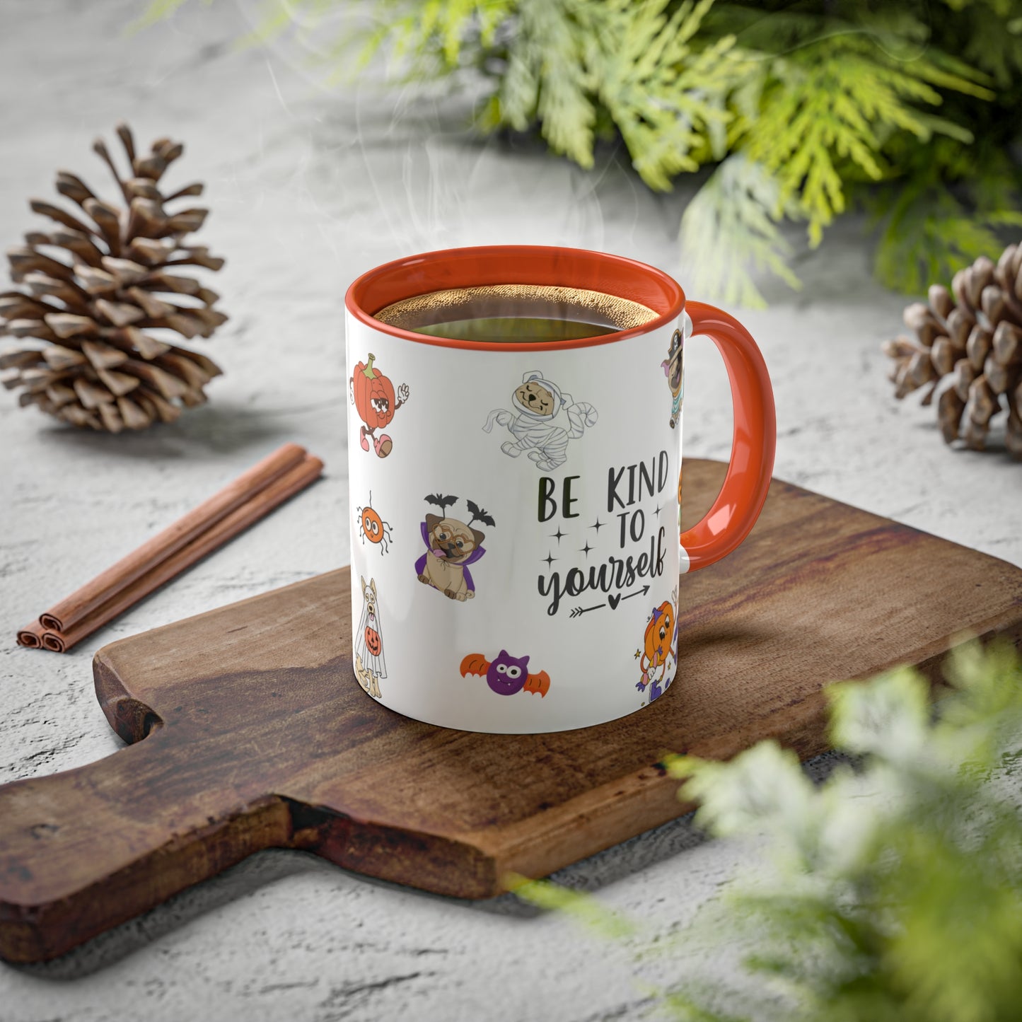 Be Kind To Yourself - Halloween Affirmation Mug - 11oz Ceramic Coffee Cup with Positive Quotes & Cute Vibes