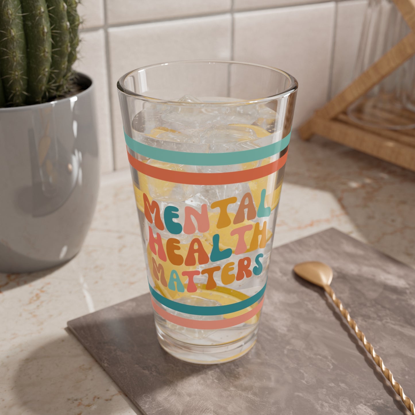 Mental Health Matters Retro Pint Glass - 16oz Mental Health Drinkware, Clear Glass for Beverages