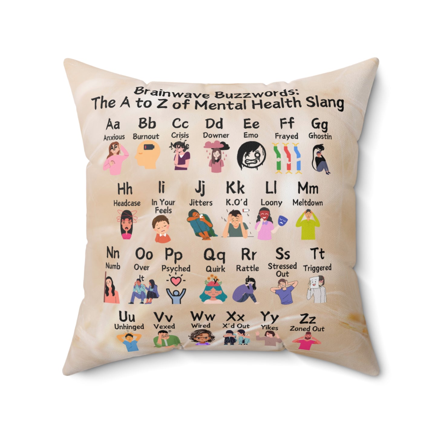 Brainwave Buzzwords: The A to Z of Mental Health Slang Spun Polyester Square Pillow