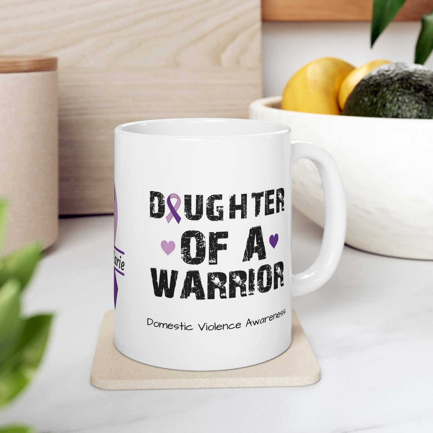 Daughter of a Warrior - Personalized Domestic Violence Awareness Gift, Empowerment and Resilience Ceramic Mug, Support for Survivors