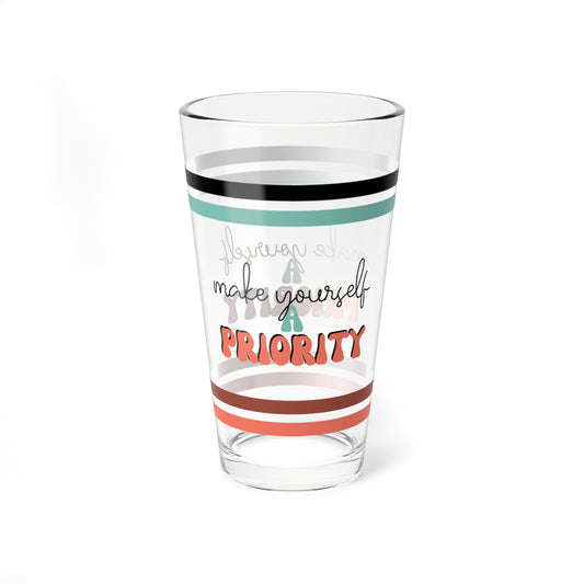 Make Yourself A Priority Retro Pint Glass - 16oz Mental Health Drinkware, Clear Glass for Beverages