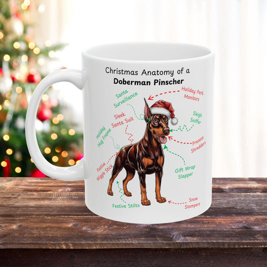 Doberman Pinscher (Red & Rust) Personalized Christmas Dog Anatomy Mug, Funny Holiday Gift for Dog Lovers, Festive Dog Breed Coffee Cup