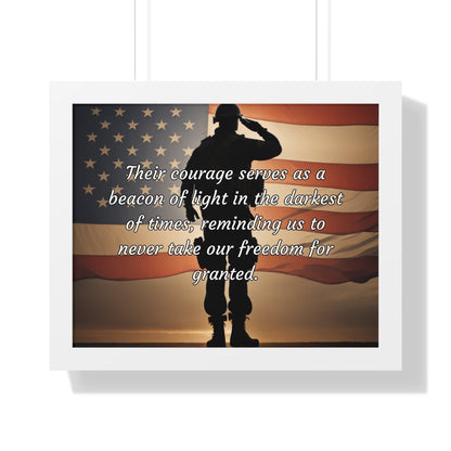 Their courage serves as a beacon of light in the darkest of times, reminding us to never take our freedom for granted - Memorial Day Framed Horizontal Poster