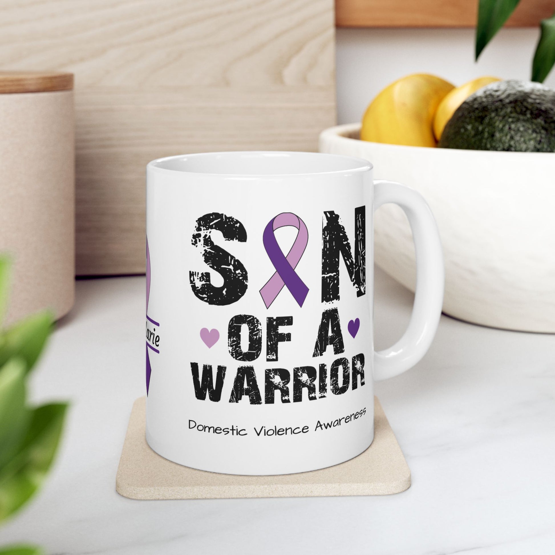 Son of a Warrior - Personalized Domestic Violence Awareness Gift, Empowerment and Resilience Ceramic Mug, Support for Survivors