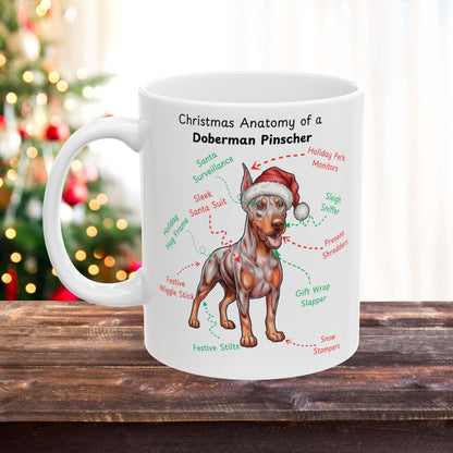 Doberman Pinscher (Fawn/Isabella & Rust) Personalized Christmas Dog Anatomy Mug, Funny Holiday Gift for Dog Lovers, Festive Dog Breed Coffee Cup