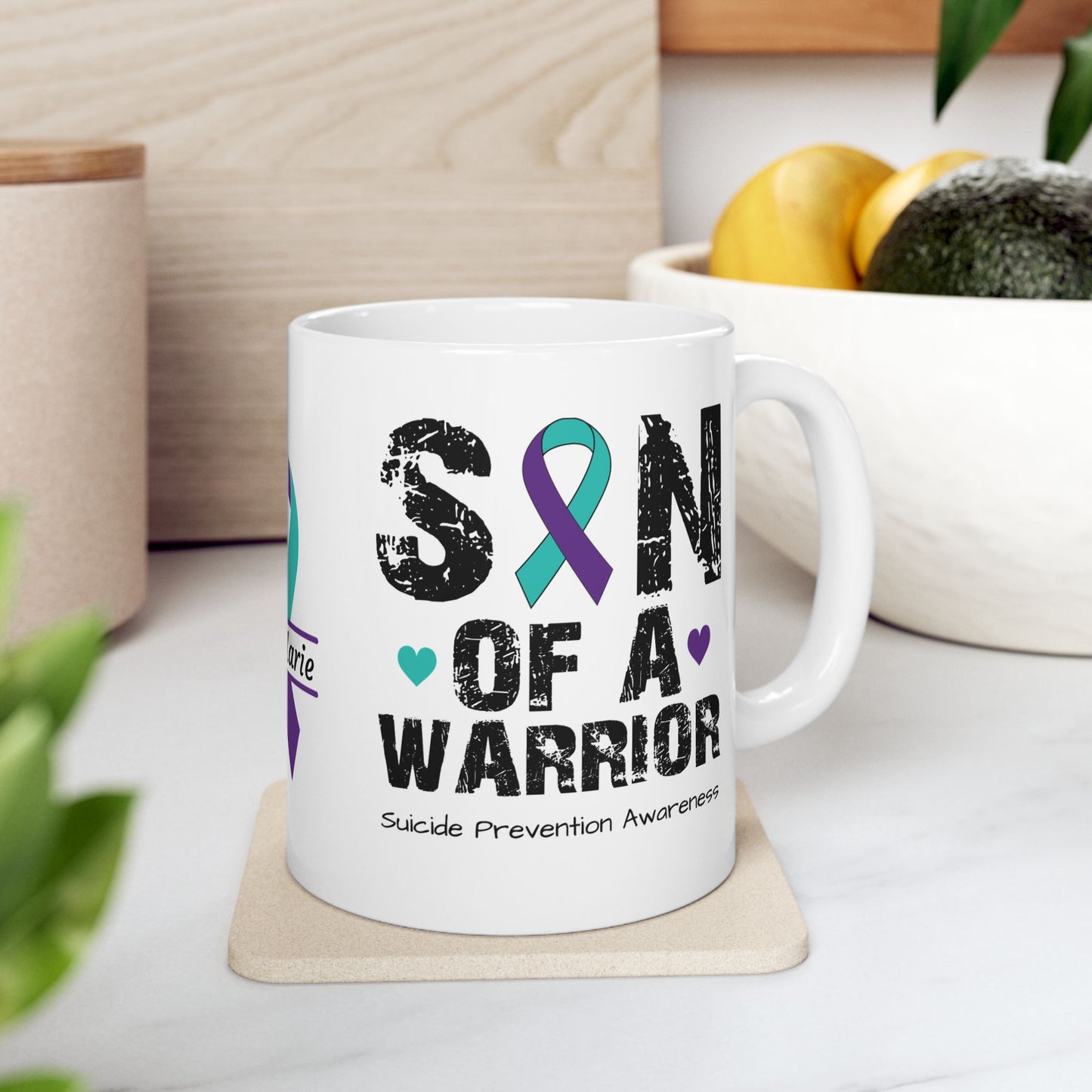 Son of a Warrior - Personalized Suicide Prevention Awareness Gift, Empowerment and Resilience Ceramic Mug, Support for Survivors