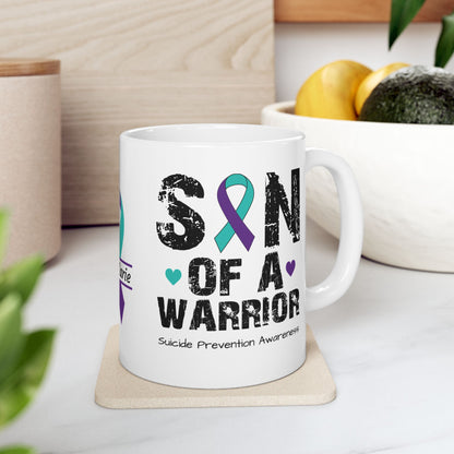 Son of a Warrior - Personalized Suicide Prevention Awareness Gift, Empowerment and Resilience Ceramic Mug, Support for Survivors