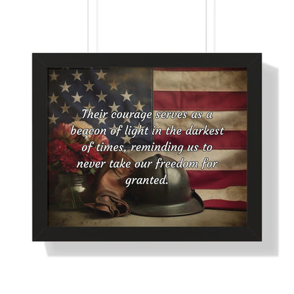 Their courage serves as a beacon of light in the darkest of times, reminding us to never take our freedom for granted - Memorial Day Framed Horizontal Poster