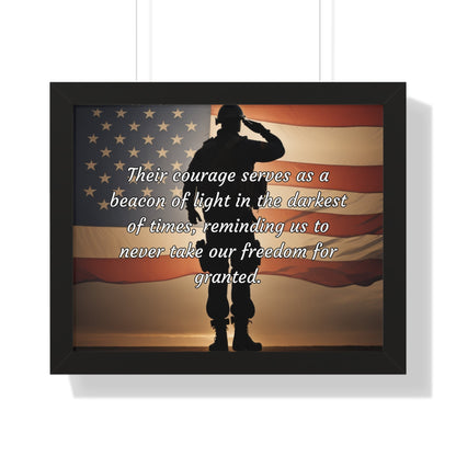 Their courage serves as a beacon of light in the darkest of times, reminding us to never take our freedom for granted - Memorial Day Framed Horizontal Poster