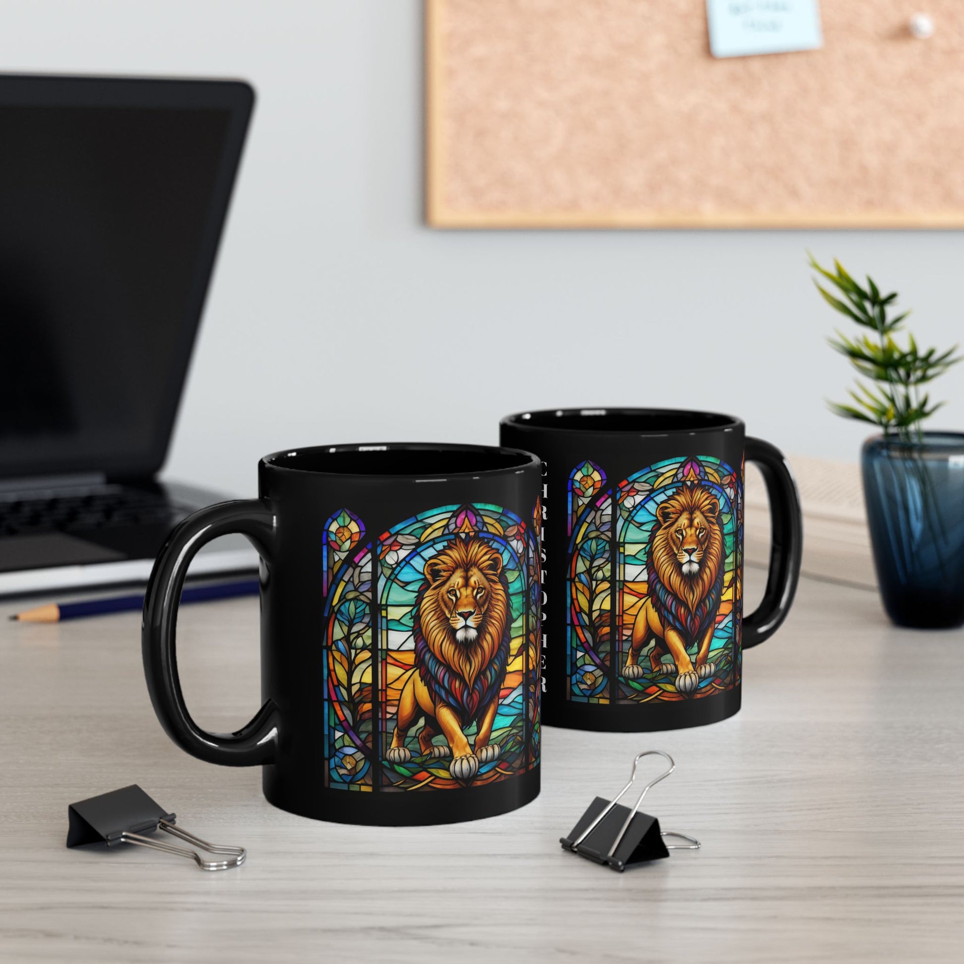 Lion Personalized Mug, Stained Glass Zoo Animal Design, Unique Ceramic Gift for Wildlife Lovers, Coffee, Tea, & Hot Chocolate Cup