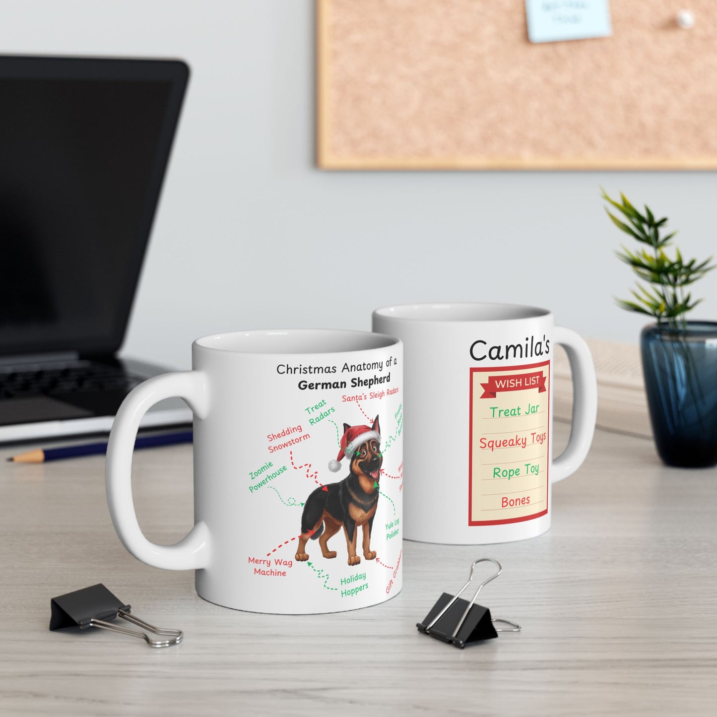 German Shepherd (Black & Rust) Personalized Christmas Dog Anatomy Mug, Funny Holiday Gift for Dog Lovers, Festive Dog Breed Coffee Cup