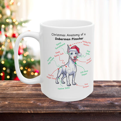 Doberman Pinscher (White) Personalized Christmas Dog Anatomy Mug, Funny Holiday Gift for Dog Lovers, Festive Dog Breed Coffee Cup