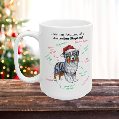 Australian Shepherd (Blue Merle) Personalized Christmas Dog Anatomy Mug, Funny Holiday Gift for Dog Lovers, Festive Dog Breed Coffee Cup