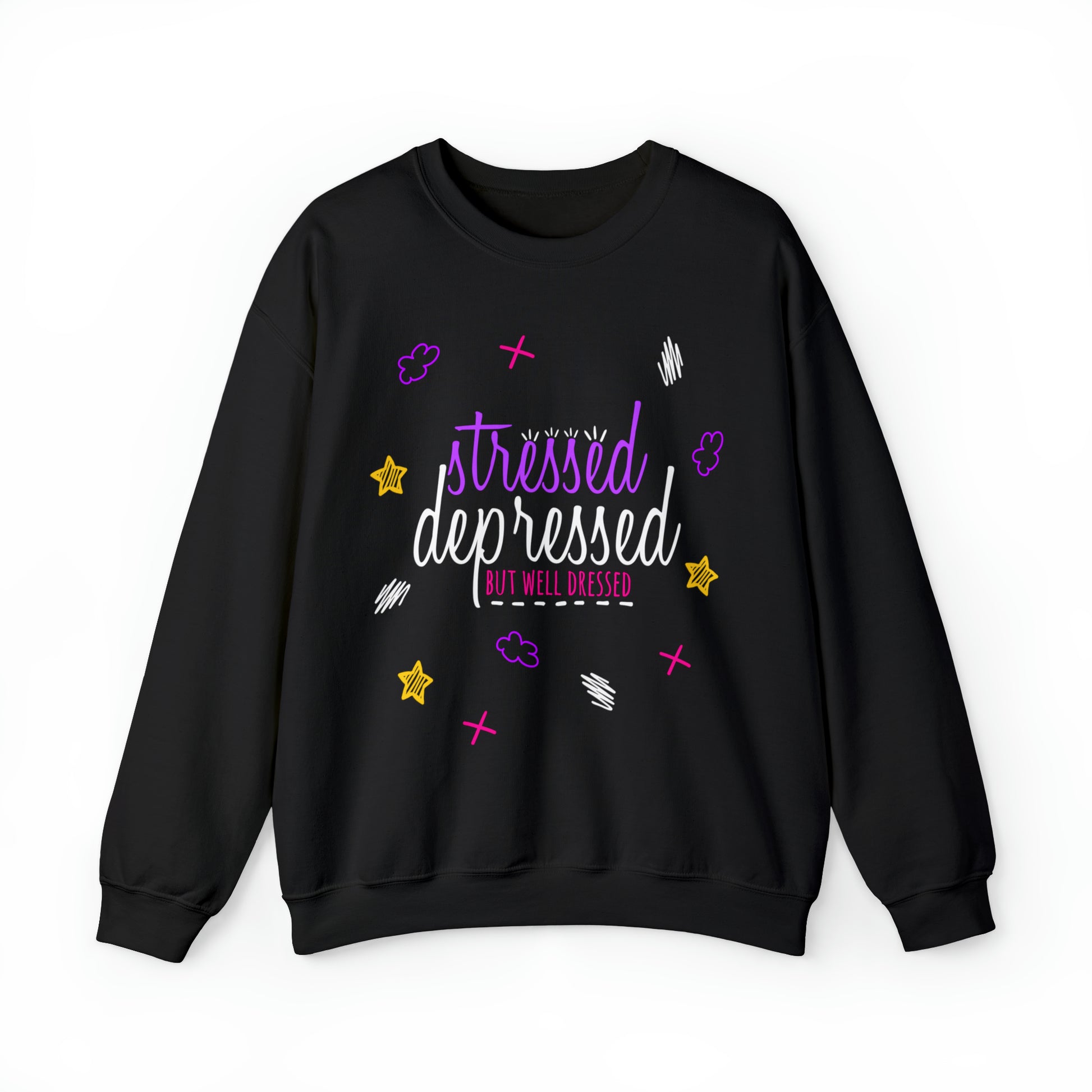 Stressed Depressed But Well Dressed - Depression Awareness Unisex Gildan 18000 Heavy Blend Crewneck