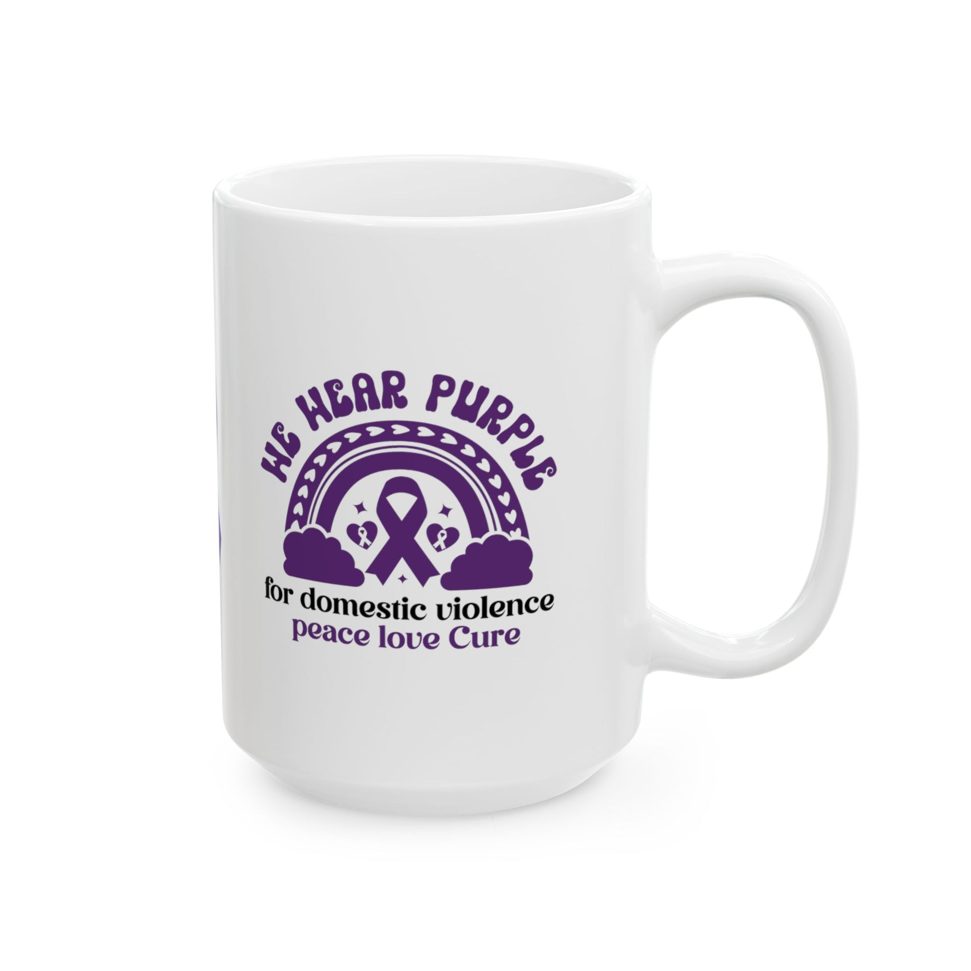 We Wear Purple for Domestic Violence Peace Love Cure Ceramic Mug, (11oz, 15oz)