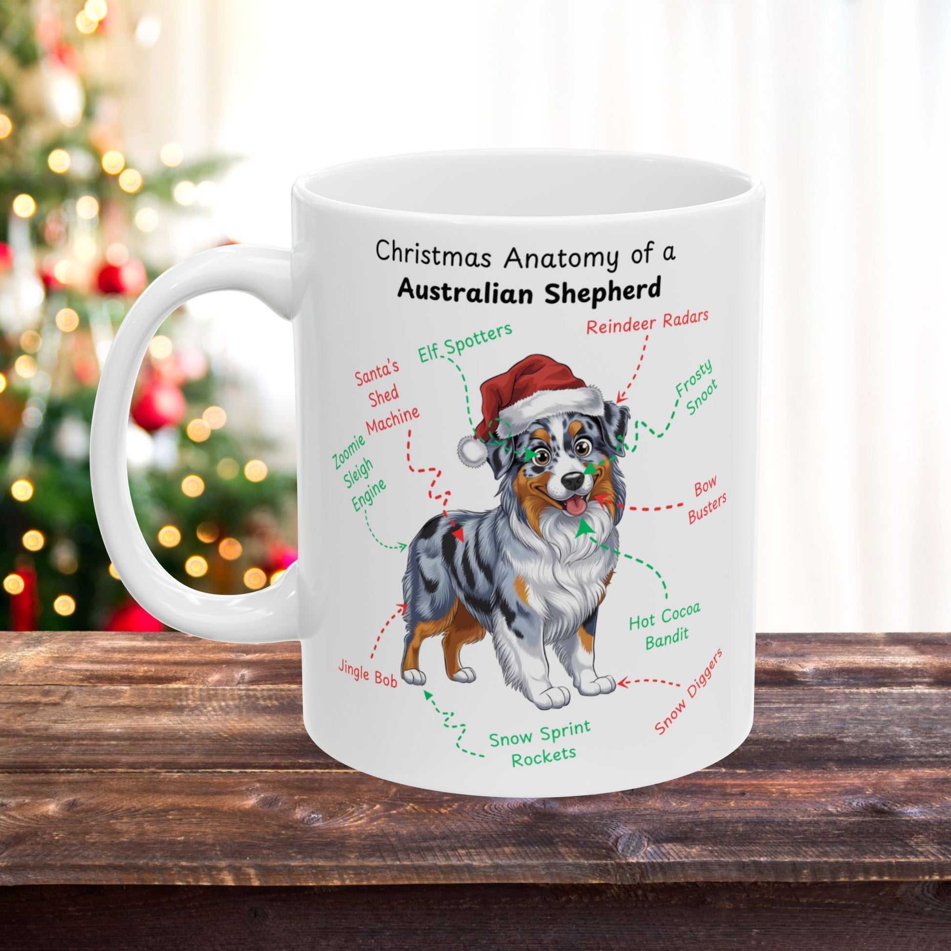 Australian Shepherd (Blue Merle) Personalized Christmas Dog Anatomy Mug, Funny Holiday Gift for Dog Lovers, Festive Dog Breed Coffee Cup