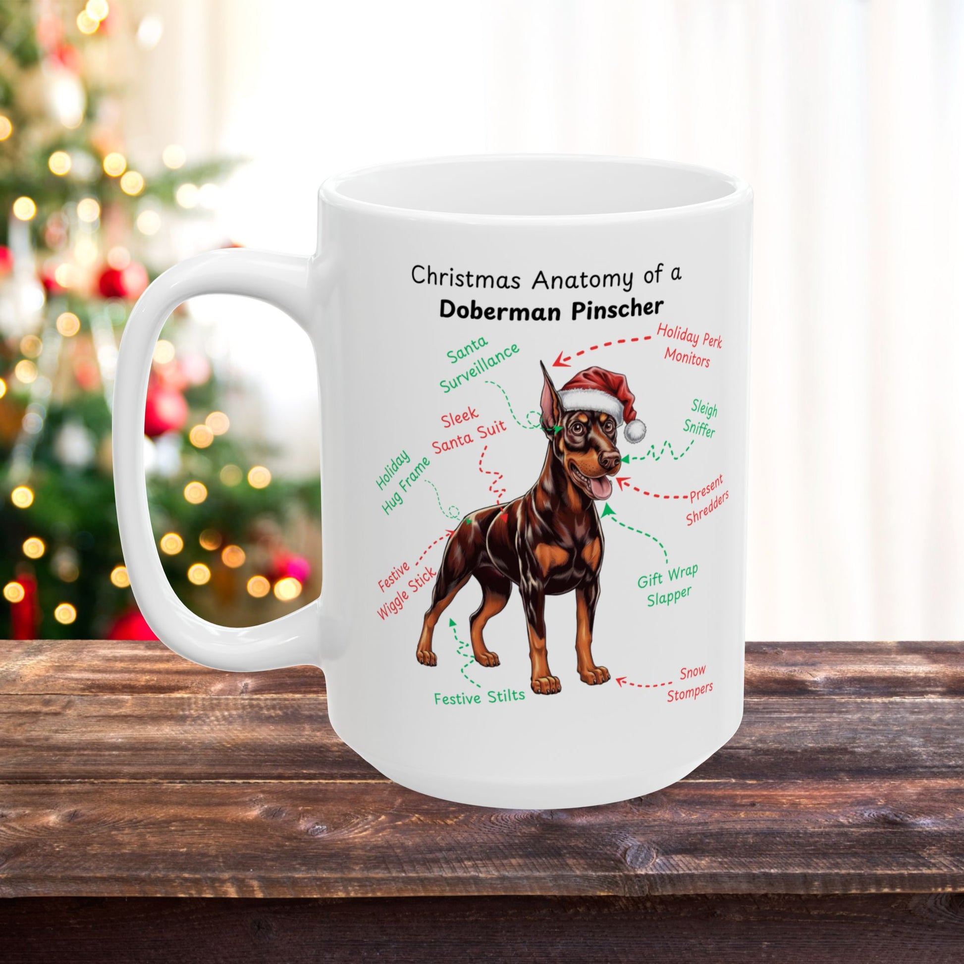 Doberman Pinscher (Red & Rust) Personalized Christmas Dog Anatomy Mug, Funny Holiday Gift for Dog Lovers, Festive Dog Breed Coffee Cup