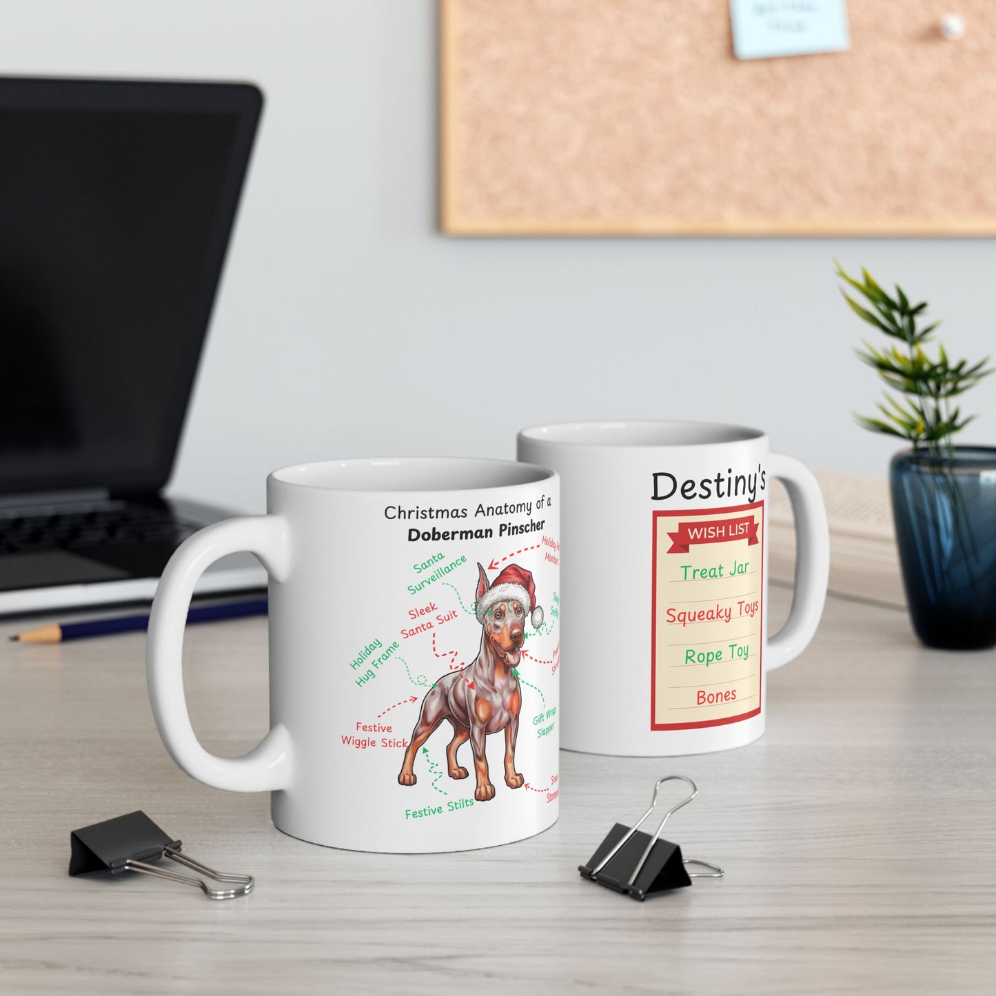 Doberman Pinscher (Fawn/Isabella & Rust) Personalized Christmas Dog Anatomy Mug, Funny Holiday Gift for Dog Lovers, Festive Dog Breed Coffee Cup