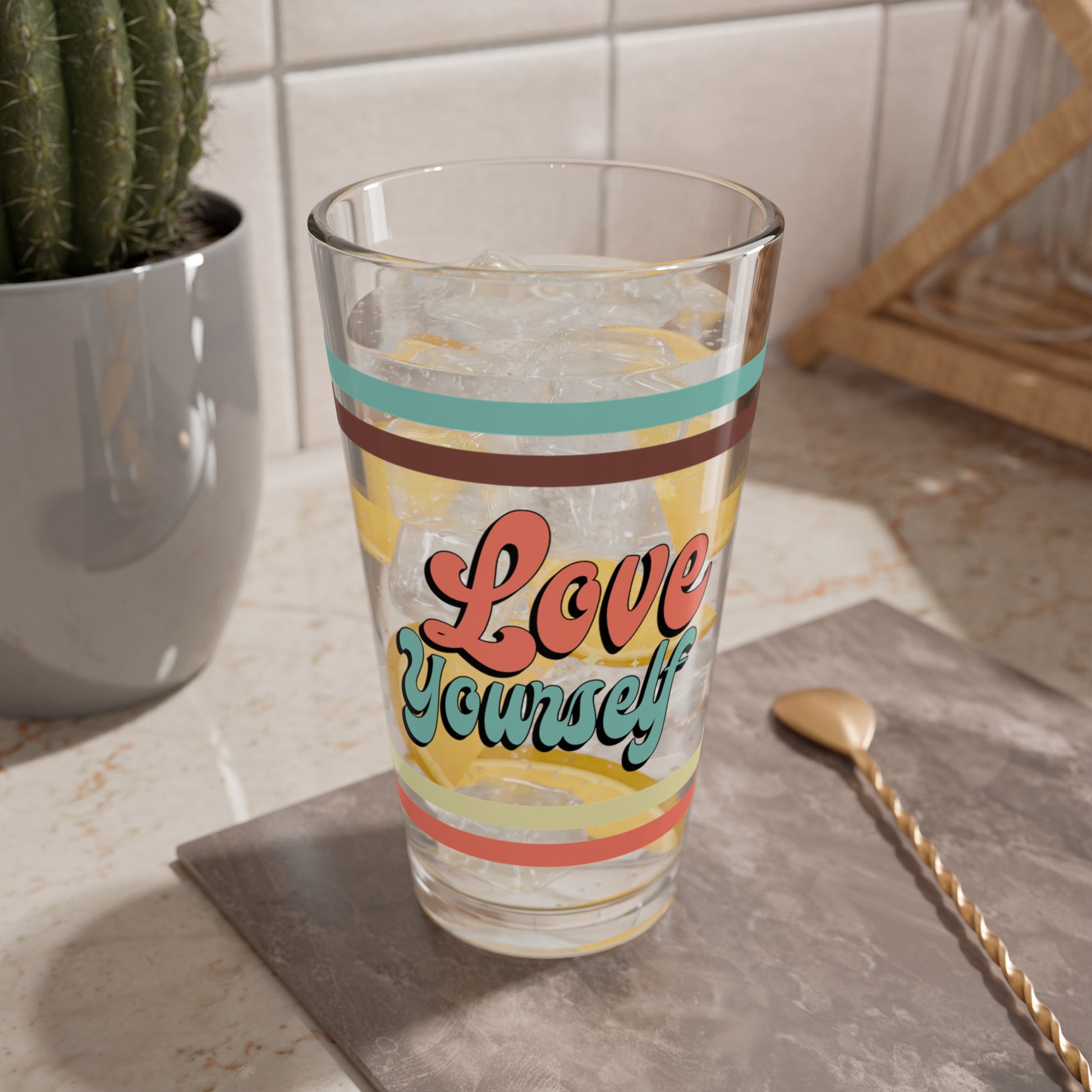 Love Yourself Retro Retro Pint Glass - 16oz Mental Health Drinkware, Clear Glass for Beverages