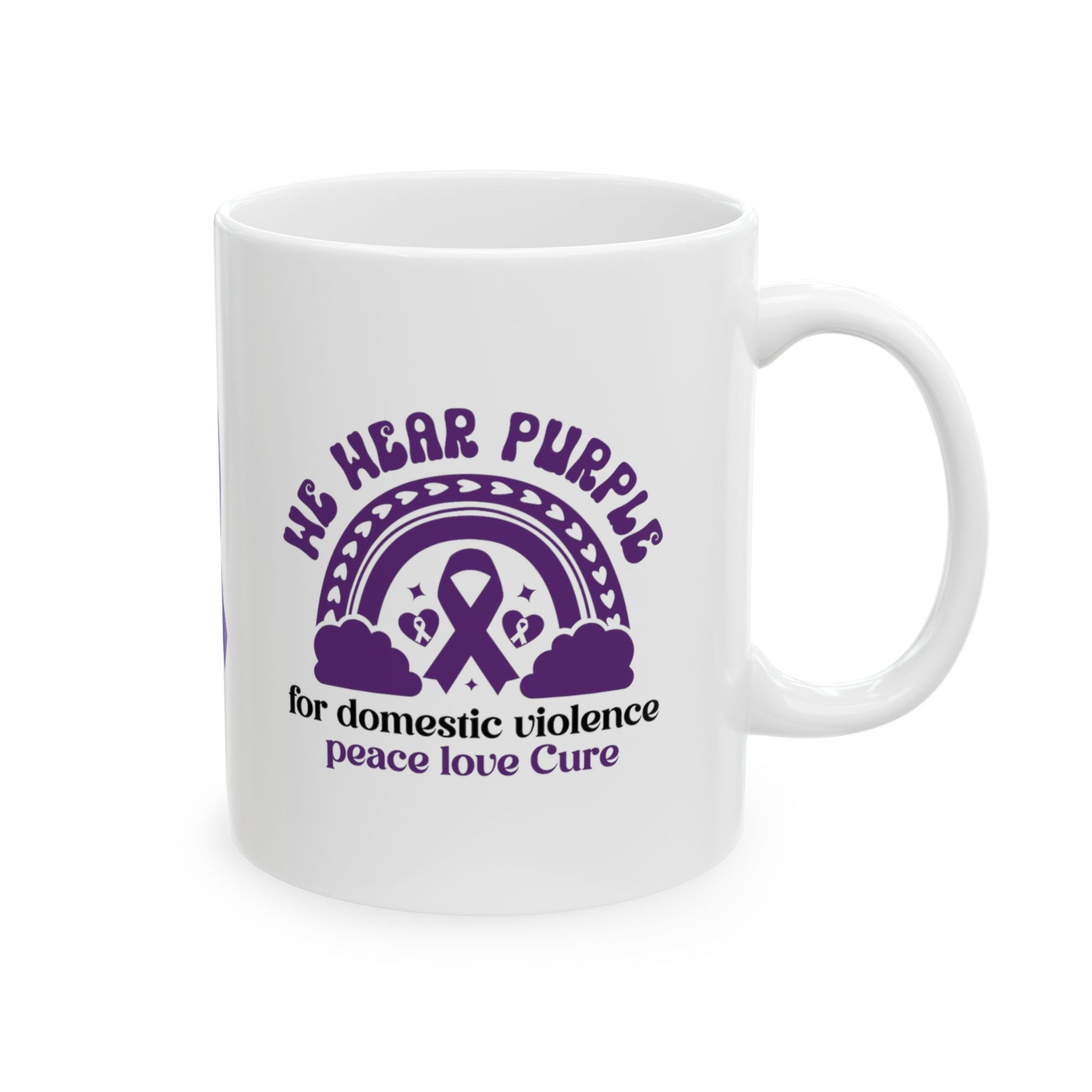 We Wear Purple for Domestic Violence Peace Love Cure Ceramic Mug, (11oz, 15oz)