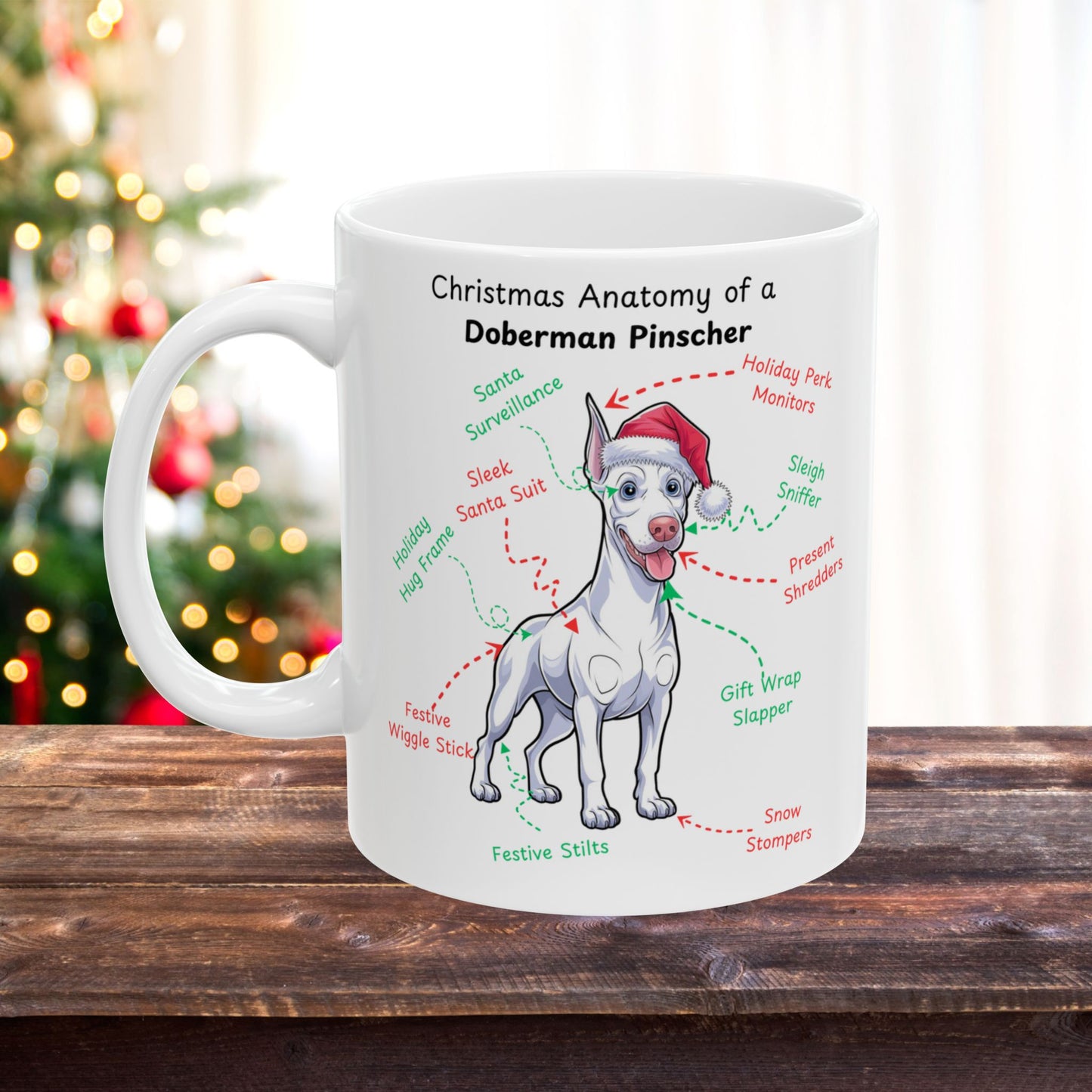 Doberman Pinscher (White) Personalized Christmas Dog Anatomy Mug, Funny Holiday Gift for Dog Lovers, Festive Dog Breed Coffee Cup