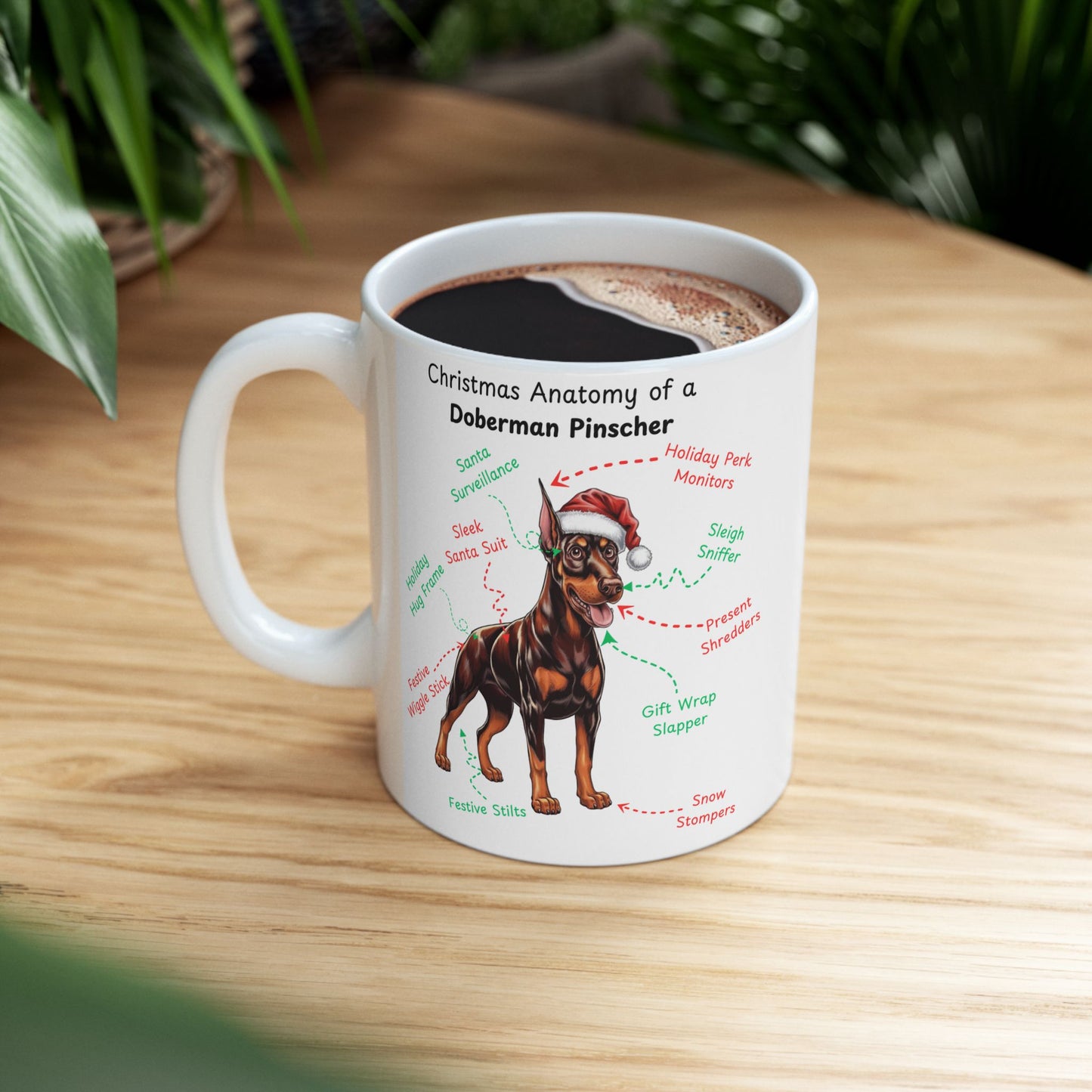 Doberman Pinscher (Red & Rust) Personalized Christmas Dog Anatomy Mug, Funny Holiday Gift for Dog Lovers, Festive Dog Breed Coffee Cup