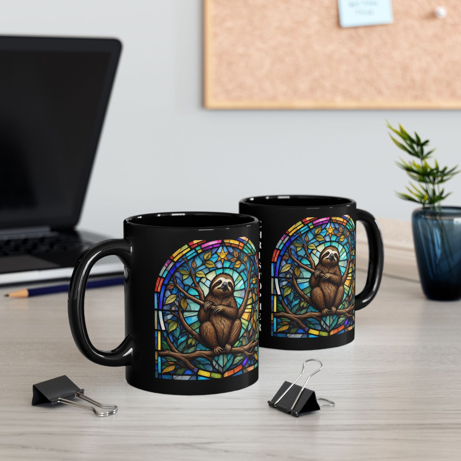 Sloth Personalized Mug, Stained Glass Zoo Animal Design, Unique Ceramic Gift for Wildlife Lovers, Coffee, Tea, & Hot Chocolate Cup