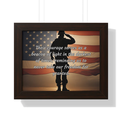 Their courage serves as a beacon of light in the darkest of times, reminding us to never take our freedom for granted - Memorial Day Framed Horizontal Poster