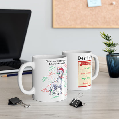 Doberman Pinscher (White) Personalized Christmas Dog Anatomy Mug, Funny Holiday Gift for Dog Lovers, Festive Dog Breed Coffee Cup