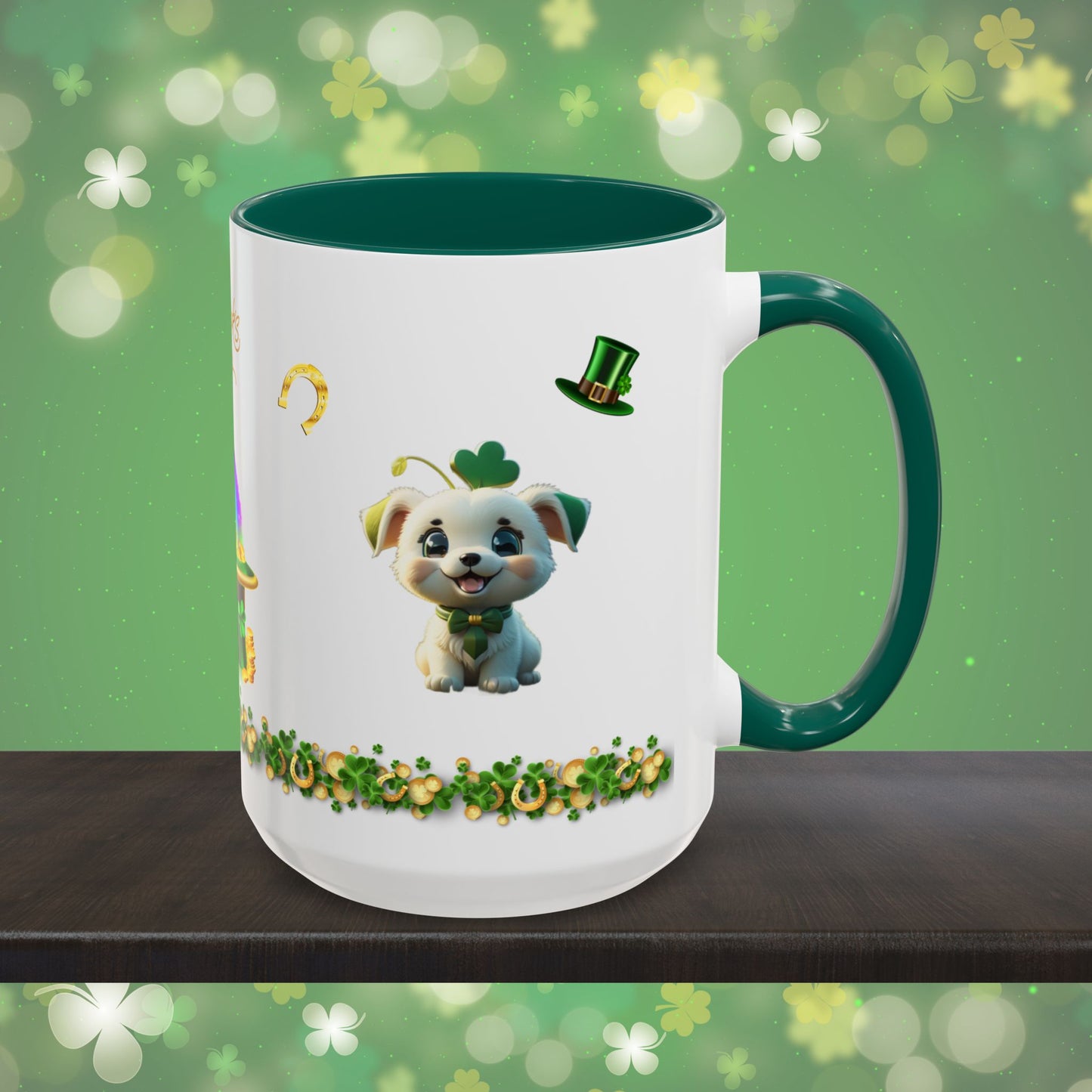 Gaelic Gratitude Puppy: St. Patrick's Day Two-Tone Coffee Mug - Festive Ceramic Mug for Positivity & Mindfulness