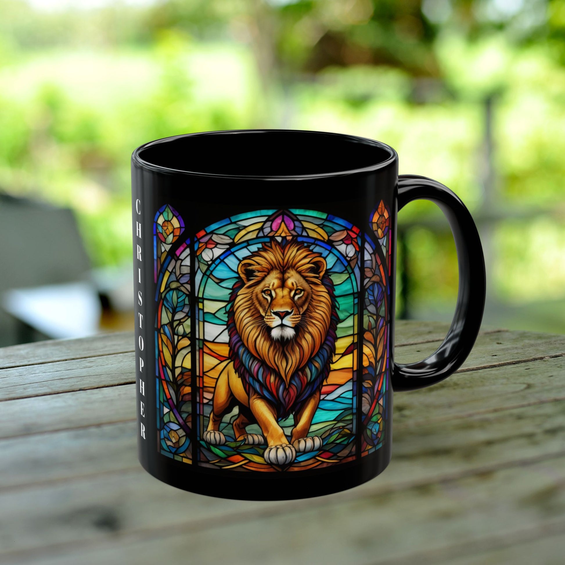 Lion Personalized Mug, Stained Glass Zoo Animal Design, Unique Ceramic Gift for Wildlife Lovers, Coffee, Tea, & Hot Chocolate Cup