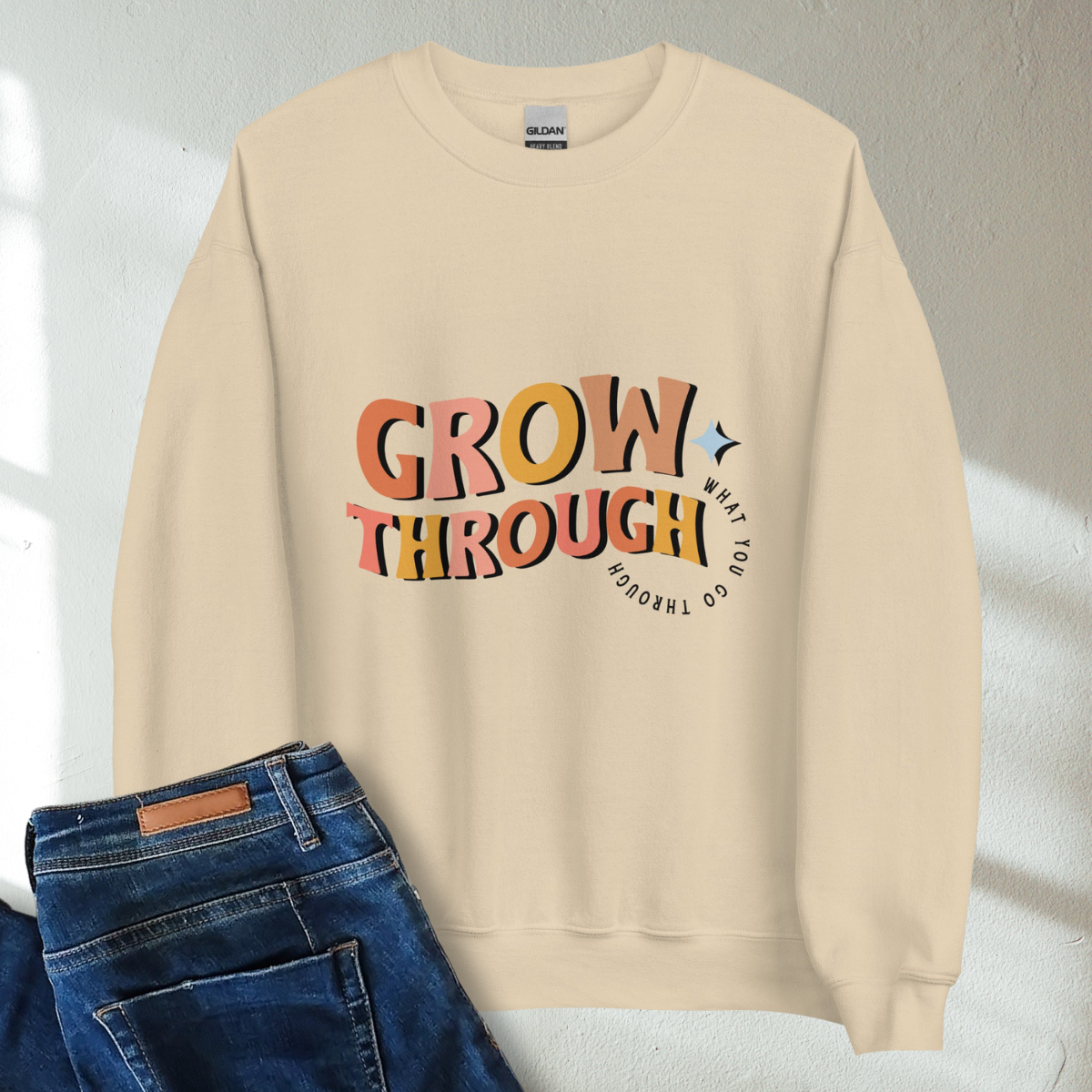 Grow Through What You Go Through Retro Mental Health Awareness Crew Neck Sweatshirt - Cozy & Inspirational