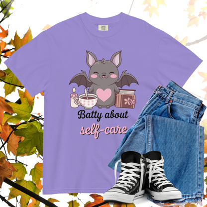 Batty About Self-Care Comfort Colors Heavyweight Halloween T-shirt