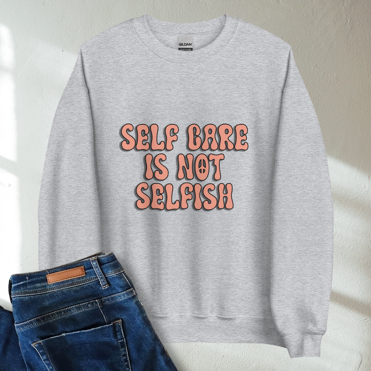 Self Care Is Not Selfish Retro Mental Health Awareness Crew Neck Sweatshirt - Cozy & Inspirational