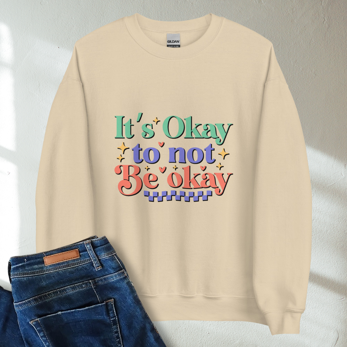 It's Okay To Not Be Okay Retro Mental Health Awareness Crew Neck Sweatshirt - Cozy & Inspirational