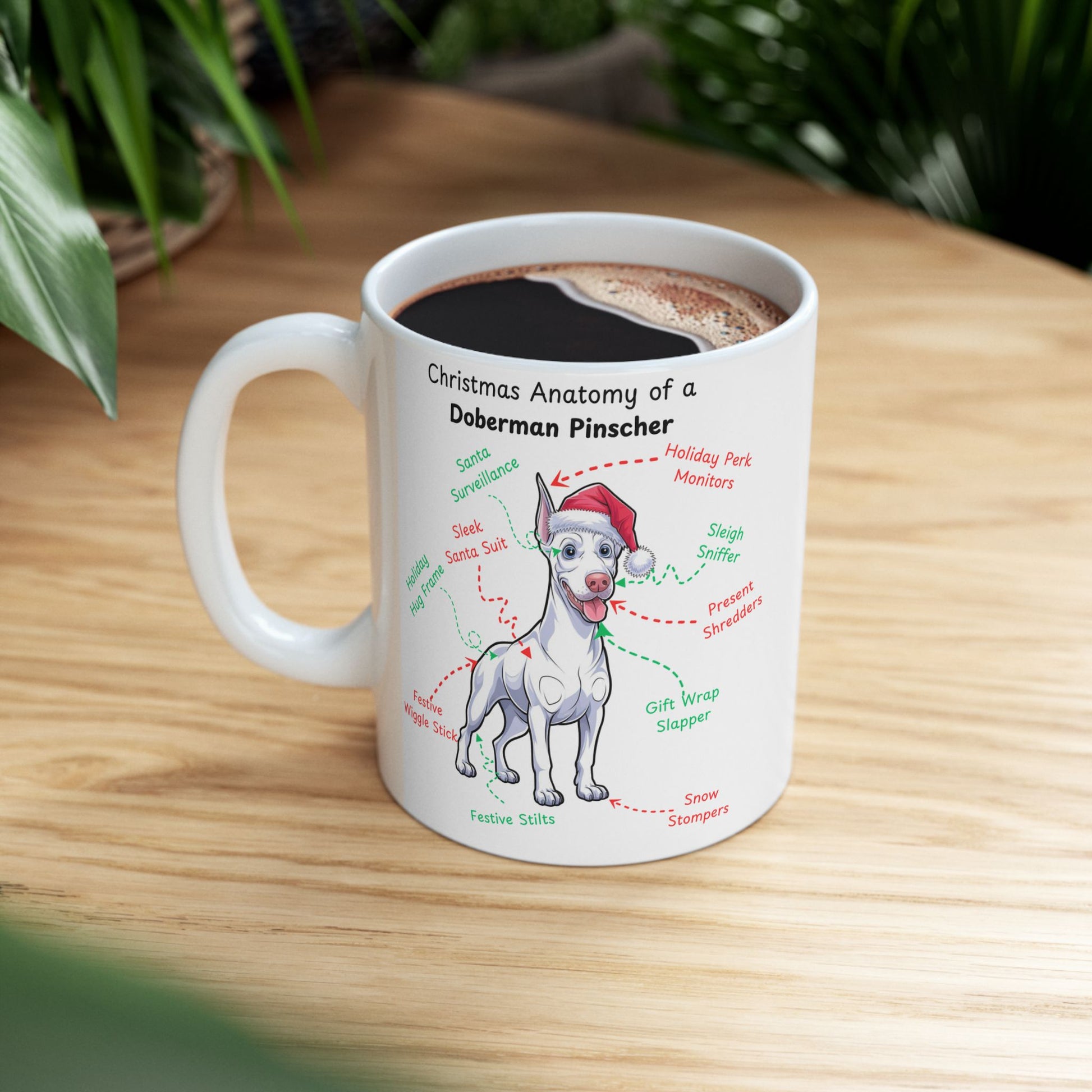 Doberman Pinscher (White) Personalized Christmas Dog Anatomy Mug, Funny Holiday Gift for Dog Lovers, Festive Dog Breed Coffee Cup