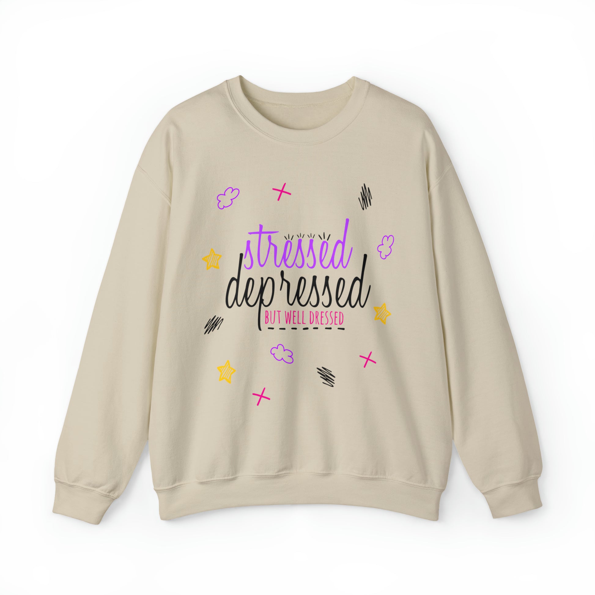 Stressed Depressed But Well Dressed - Depression Awareness Unisex Gildan 18000 Heavy Blend Crewneck