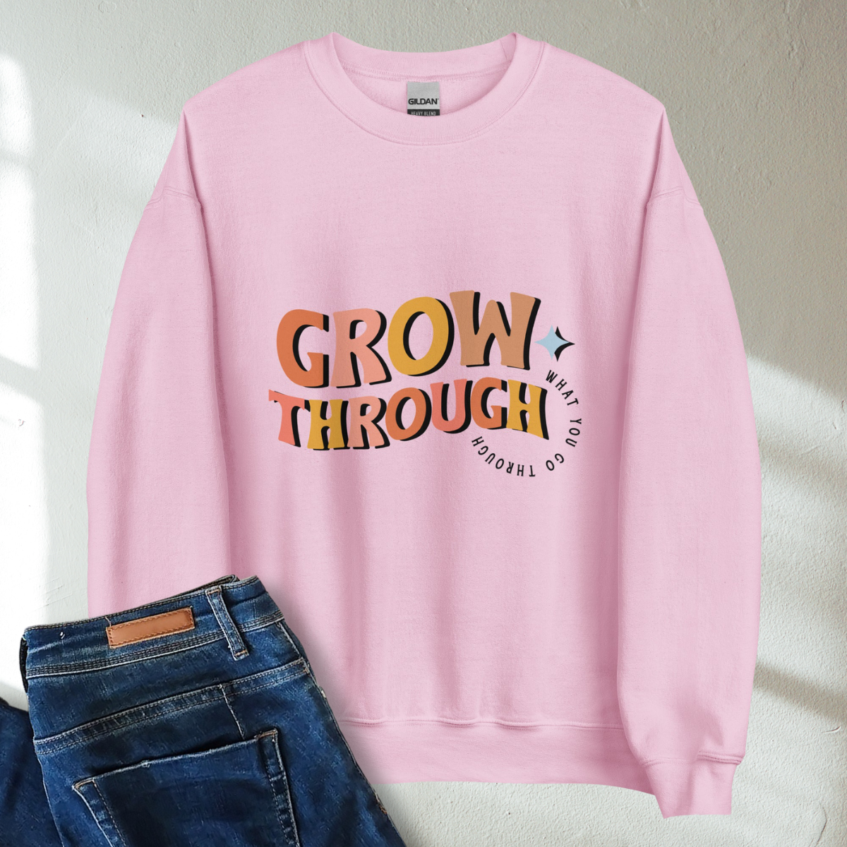 Grow Through What You Go Through Retro Mental Health Awareness Crew Neck Sweatshirt - Cozy & Inspirational