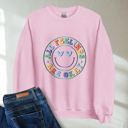 All Feelings Are Okay Retro Mental Health Awareness Crew Neck Sweatshirt - Cozy & Inspirational