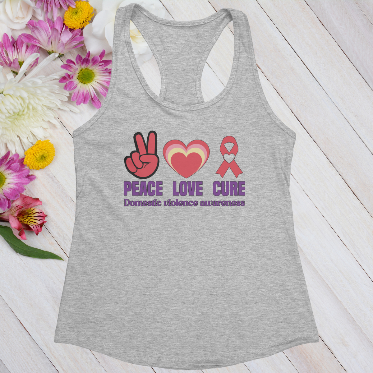 Peace Love Cure Domestic Violence Awareness Women's Ideal Racerback Tank