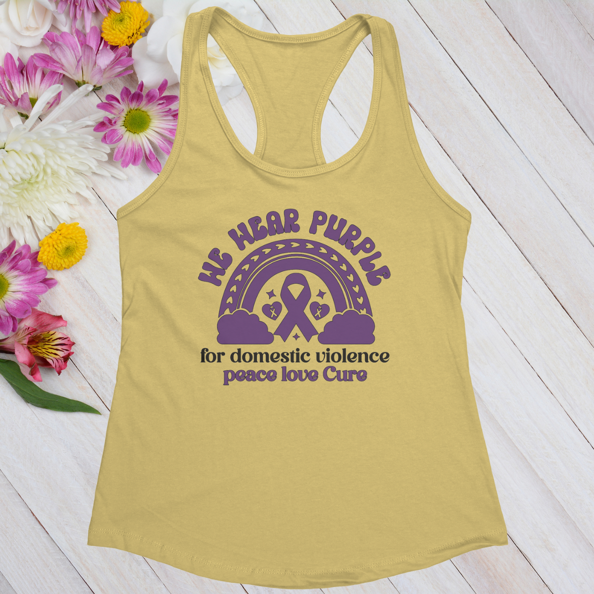 We Wear Purple for Domestic Violence Peace Love Cure Women's Ideal Racerback Tank